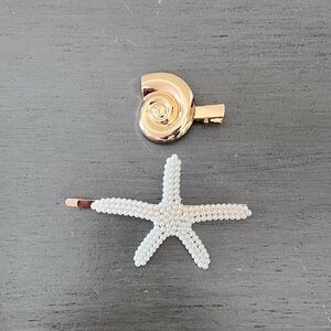 Starfish Allover Pearl Bobby Pin Gold Metal Alligator Clip Barrette 2 Piece Set